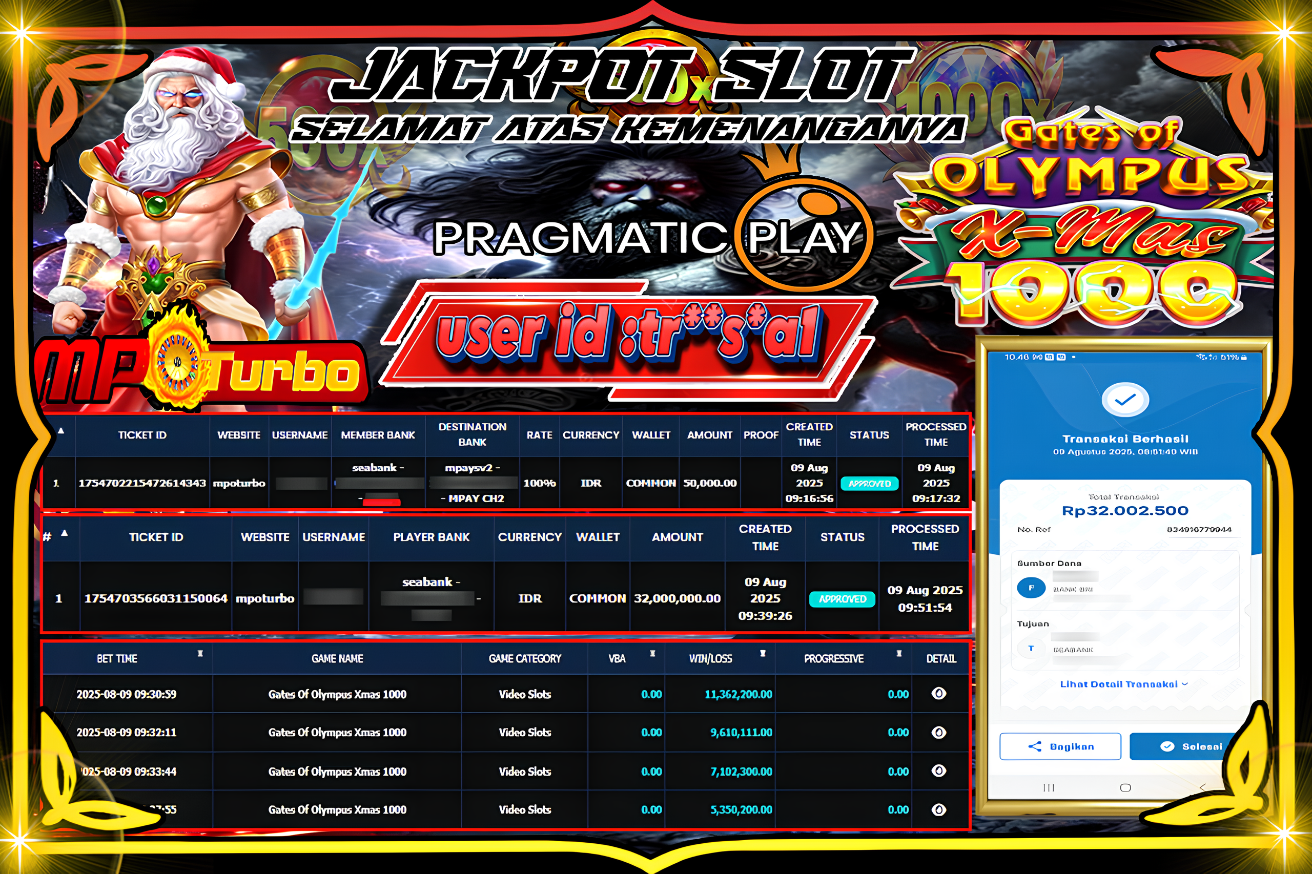 MPOTURBO JACKPOT SLOT GATES OF OLYMPUS X-MAS 1000 Rp 32.000.000.00,- LUNAS